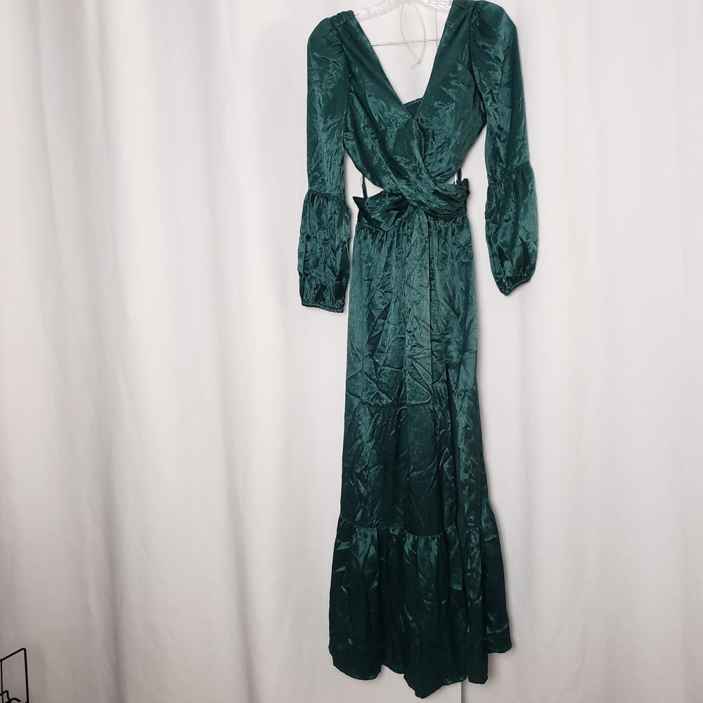 Rahi XS Emerald Green Crinkle Satin Cutout Maxi Dress Puff Sleeve ~No Broche - Picture 2 of 8